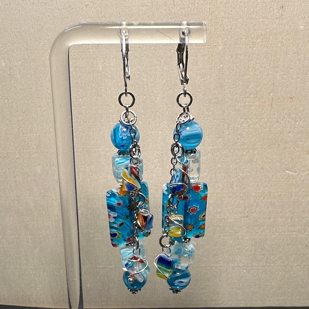 Millefiori Glass, Shades of Blue and Silver Chain Wire Wrap Dangle Earrings